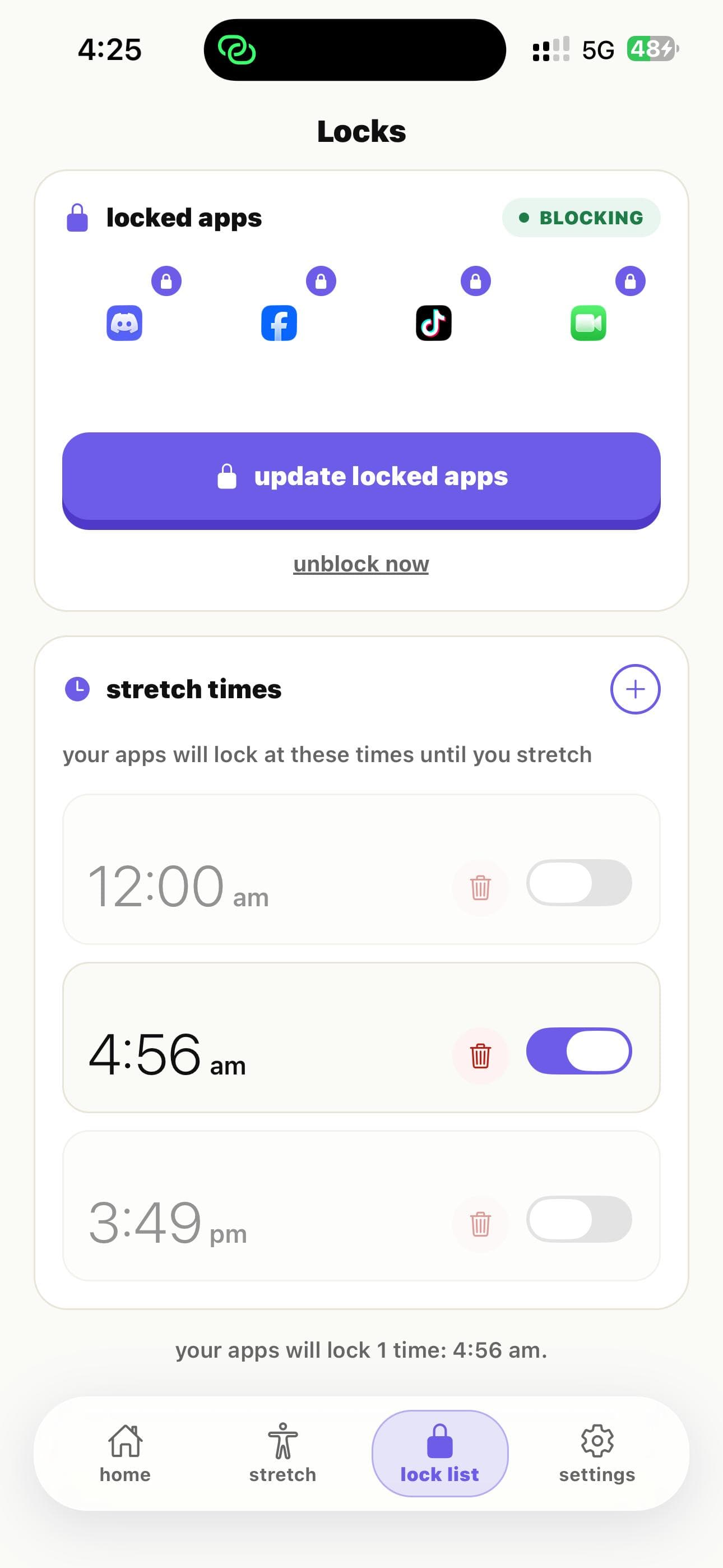StretchLock locked apps and stretch schedule screen